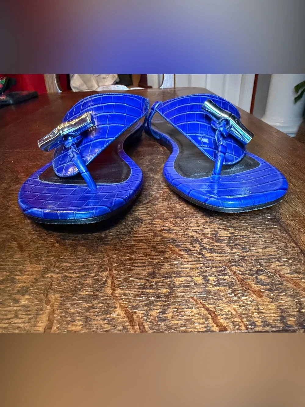Longchamp Blue Croc Embossed Le Roseau Bamboo Toggle Sandals Size 37